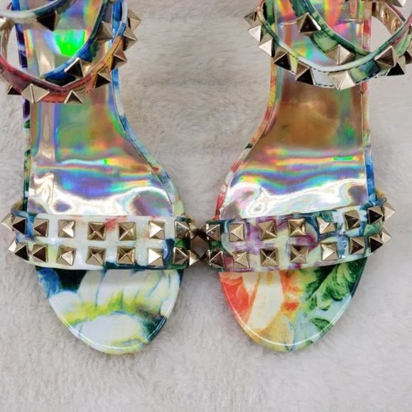 Sexy Riot Colorful Patent Gold Stud Cross Strap Sandal Shoe 4.5" Stiletto Heels - Picture 9 of 9